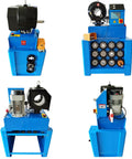 Built Tough 220V Electric Hydraulic Hose Crimping Machine With Thirteen Alloy Steel Die Sets For Rubber Hose Fitting Half Inch To Two Seventy Two Inch Range Quick Setup And Shop Grade Durability, showcasing multiple views.