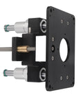 Rock Solid Aluminum Router Lift System For Dead Nuts Height Adjustment And Top Shelf Woodworking Control With Spot On Precision Above Table Setup For Tenoning Grooving Trim Black close-up view of the lift assembly with mounting plate.
