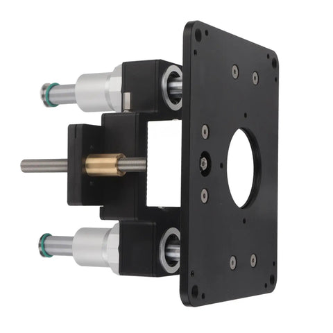 Rock Solid Aluminum Router Lift System For Dead Nuts Height Adjustment And Top Shelf Woodworking Control With Spot On Precision Above Table Setup For Tenoning Grooving Trim Black close-up view of the lift assembly with mounting plate.