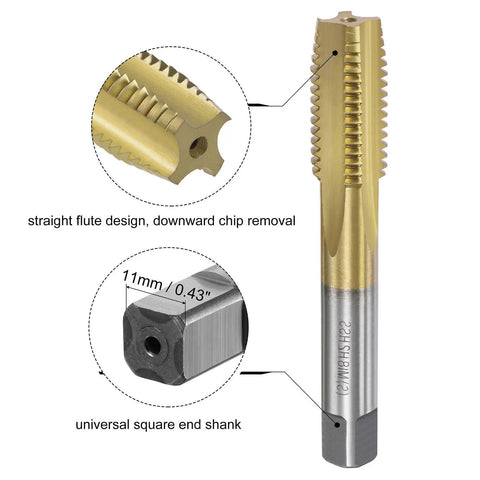 Metric M18x2.5 HSS titanium plated tap with straight flute design, universal square end shank; pro grade for metalworking.