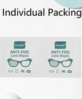 Front view of Purelia Anti-Fog Lens Wipes packets, two shown, individually wrapped wipes for eyeglasses and goggles.