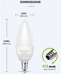 Image of E12 LED Candelabra Bulbs 60 Watt Equivalent for Chandeliers B10 with dimensions and E12 base detail.