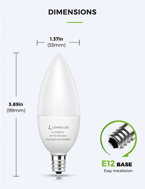 Image of E12 LED Candelabra Bulbs 60 Watt Equivalent for Chandeliers B10 with dimensions and E12 base detail.