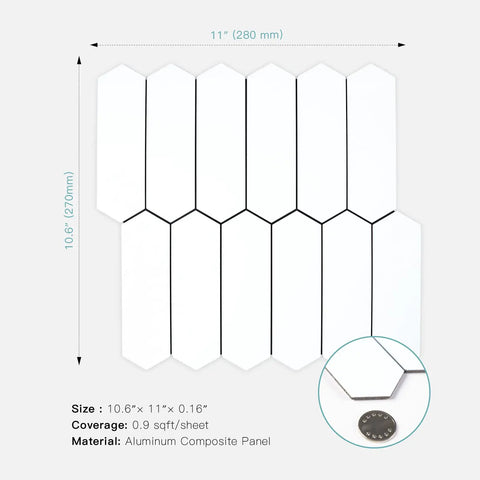 Peel And Stick Picket Tile Backsplash White Matte Ceramic Look Long Hexagon Self Adhesive Wall Tiles Pack Of 12 Waterproof And Heat Resistant