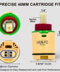 HK40 Single Lever Faucet Cartridge For Tub And Shower And Valve Replacement with dimensions and parts labeled