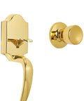 Easy Install Handleset With Tulip Knob For Front Door Single Cylinder Polished Brass Universal Handling Fits Most Doors From One And Three Eighths To One And Three Quarters Inches Six Way Adjustable Latch For Two And Three Quarters Backset shown in polished brass.