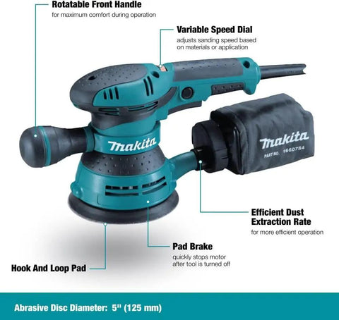 5 Inch Random Orbital Sander With 3.0 Amp Motor, Variable Speed From 4,000 To 12,000 OPM, Ergonomic Rubberized Palm Grip displayed