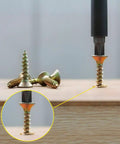 Premium Flat Head Wood Screws Assortment Kit With 600 Rock Solid Yellow Zinc Coated Carbon Steel Fasteners showing installation in wood.