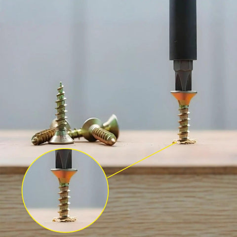 Premium Flat Head Wood Screws Assortment Kit With 600 Rock Solid Yellow Zinc Coated Carbon Steel Fasteners showing installation in wood.