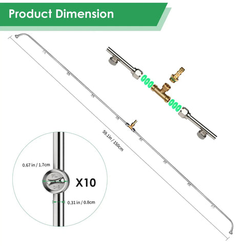 Diagram of Ten Nozzles Metal Sprayer Boom Wand with Three Eighth Inch Brass Barb Up To 55.1 Inches Long Heavy Duty Rust Resistant Sprayer