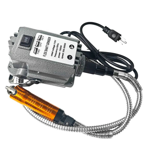 Hella Reliable 1000W Flex Shaft Rotary Tool With Easy Grip Foot Pedal and Stepless Variable Speed Up To 30000 RPM device with flexible shaft and motor.