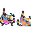 Heavy Duty Hydraulic Disc Brake Set For Mountain And Road Bikes Sturdy Aluminum Alloy Calipers rainbow finish with dual-piston layout.