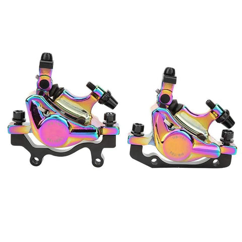 Heavy Duty Hydraulic Disc Brake Set For Mountain And Road Bikes Sturdy Aluminum Alloy Calipers rainbow finish with dual-piston layout.