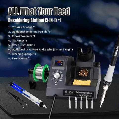 Dual Digital Display Soldering Station Kit With 90W Iron 302F To 842F Temperature Range Fahrenheit And Celsius Readouts, tools shown