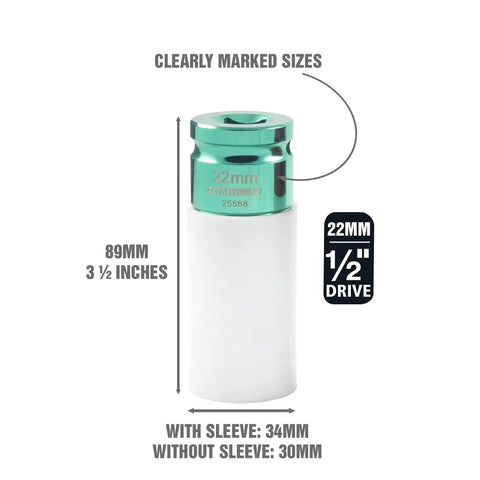 Non Marring 22mm Lug Nut Socket For Half Inch Drive Protects High Polish Wheels From Damage Color Coded And Clearly Marked Hex Socket For Easy Tire Removal Tools Compatible With Hand And Impact Tools shown with measurements
