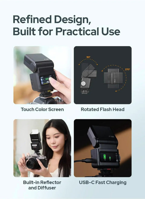 iT32 TTL Camera Flash With X5S Wireless Trigger for Sony with touch color screen, rotated flash head, and built-in reflector