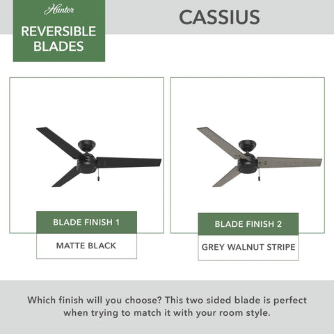 52 Inch Damp Rated Ceiling Fan With Reversible Blades Three Blades Matte Black No Light For Patio Porch Garage Or Living Room Pull Chain Standard Mount Indoor Outdoor Use showing matte black and grey walnut stripe finishes