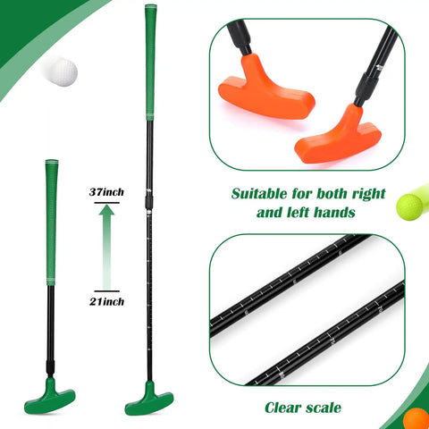 8 Pack Adjustable Mini Golf Putters for Men and Women Two Way Set showing adjustable length and silicone-wrapped heads.