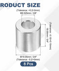 Top Shelf Aluminum Spacer Bushings 8 Pack Straight Round Config 3 4 Outer Diameter X 3 8 Inner Diameter X 3 4 Long Plain Unthreaded Metal Standoffs detail showing 3/4 inch size.