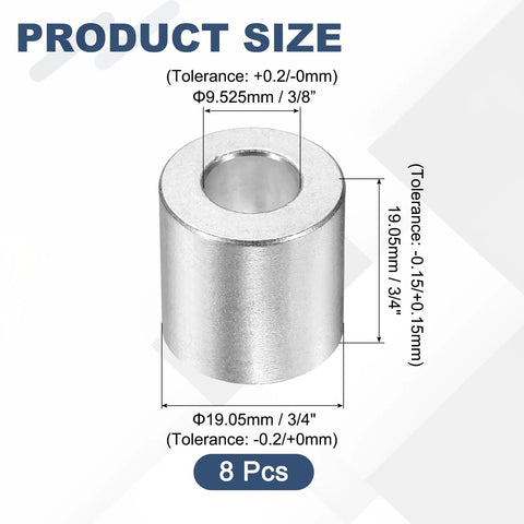 Top Shelf Aluminum Spacer Bushings 8 Pack Straight Round Config 3 4 Outer Diameter X 3 8 Inner Diameter X 3 4 Long Plain Unthreaded Metal Standoffs detail showing 3/4 inch size.