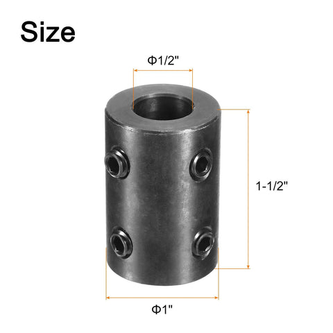 Front view uxcell shaft coupling, black oxide steel rigid coupler with 1/2 in bore, 1 in OD, 1-1/2 in length.