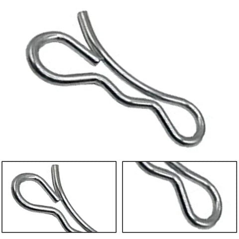 Close-up of a single piece from Locking Cotter Pin Set 80 Piece Tie Cotter Pins For Trailers Lawn Mowers Automotive Machinery Garden