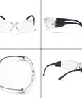 Collage of 12 Pack ANSI Z87 Plus Safety Glasses With Clear Lenses For Men And Women showcasing front, side, and top views