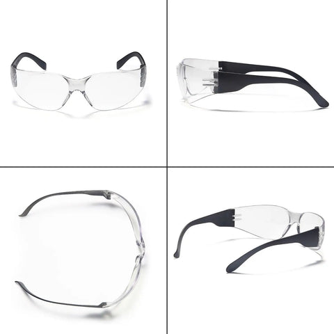 Collage of 12 Pack ANSI Z87 Plus Safety Glasses With Clear Lenses For Men And Women showcasing front, side, and top views