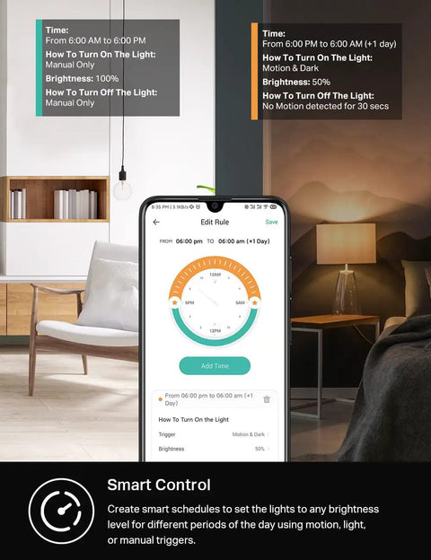 Smart Motion Sensor Dimmer Switch app interface on phone, showing lighting schedule for single pole lights, white room setting.