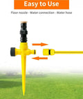 360 Degree Rotation Auto Irrigation Sprinkler System for Lawn and Garden showing yellow nozzle and hose connection details.