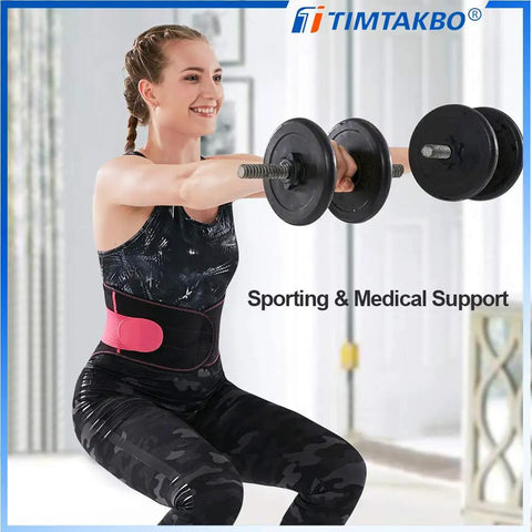 Slip On This Breathable Lumbar Support Belt To Lock Firm Compression And Fast Lower Back Pain Relief While Quieting Sciatica Kinks So You Can Crush Your Daily Grind Without Skipping Steps, woman lifting weights, wearing black and pink support belt.