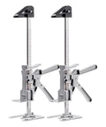 Dual Action Labor Saving Arm Jacks 2 Pack Adjustable Height Hand Lifter For Doors Windows And Massive Furniture With Built In Magnet Level And Quick Release No Sweat Operation Tough As Nails Silver Finish, showcasing two adjustable steel arm jacks.