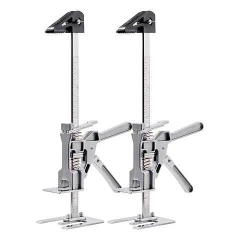 Dual Action Labor Saving Arm Jacks 2 Pack Adjustable Height Hand Lifter For Doors Windows And Massive Furniture With Built In Magnet Level And Quick Release No Sweat Operation Tough As Nails Silver Finish, showcasing two adjustable steel arm jacks.