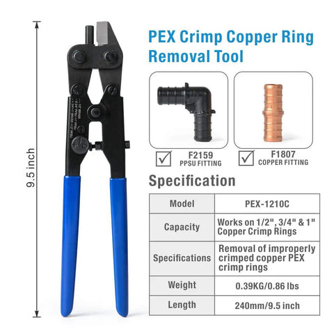 PEX Crimp Ring Removal Tool For 1/2 Inch 3/4 Inch 1 Inch F1807 Copper Rings displayed with fittings and specifications