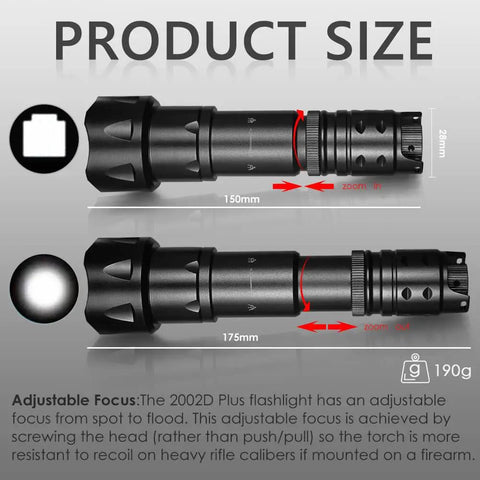 Product size comparison of Beast Mode 850nm Infrared Illuminator Flashlight With Fresnel Lens Zoomable Focus, highlighting length and weight.