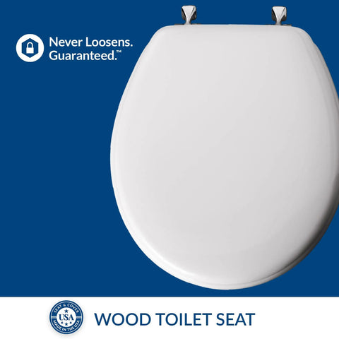 Edgewater Round Toilet Seat With Chrome Hinges Never Wobbles Thanks To STA TITE Fastening System Easy Wrench Install And Durable Enameled Wood White Finish