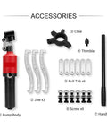 Rock Solid Hydraulic Gear And Wheel Bearing Puller Delivering 15 Ton Raw Power For Heavy Duty Machine Work And Badass Auto Repairs That Go Down Smooth Without Any Headaches accessories layout showing pump body, jaws, claw, thimble, and more.