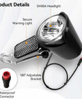 Ultra Bright Led Bike Front Light For Night Riding 12 Volt To 60 Volt Compatible Waterproof 2 Pin Connector with secure warning light and adjustable bracket