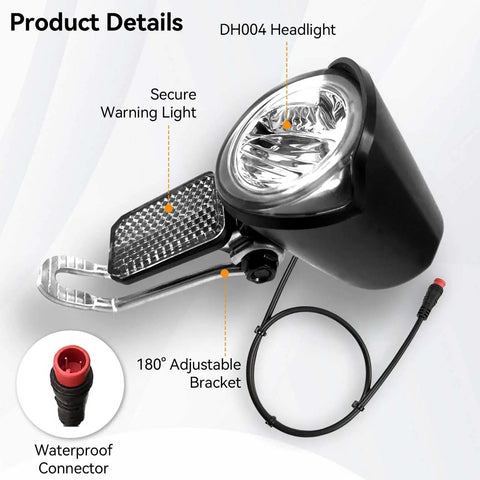 Ultra Bright Led Bike Front Light For Night Riding 12 Volt To 60 Volt Compatible Waterproof 2 Pin Connector with secure warning light and adjustable bracket