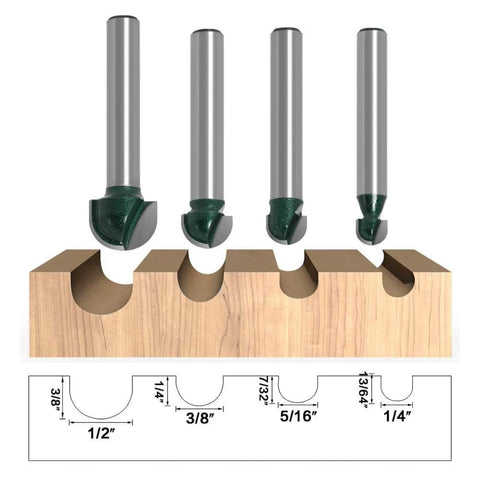Four Piece 1/4 Inch Shank Round Nose Core Box Router Bits Set For CNC Sign Making And Woodworking, includes four round groove bits