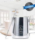 Milk Frothing Pitcher 12oz 350ml Stainless Steel 304 Barista Quality Espresso Steamer Cup For Latte Art Cappuccino Foam Jug With Decorating Pen Durable Anti Rust And Easy Clean on kitchen counter