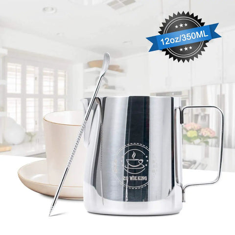 Milk Frothing Pitcher 12oz 350ml Stainless Steel 304 Barista Quality Espresso Steamer Cup For Latte Art Cappuccino Foam Jug With Decorating Pen Durable Anti Rust And Easy Clean on kitchen counter