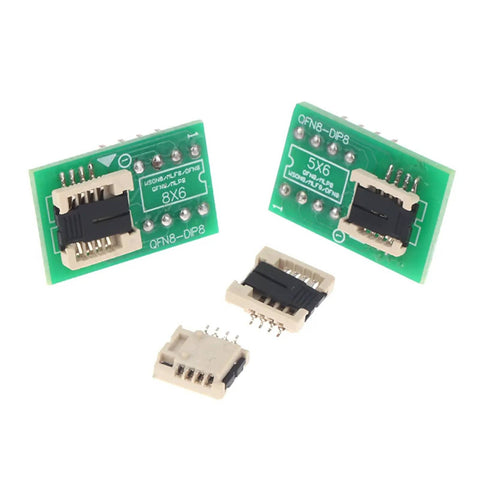 DFN8 WSON8 MLF8 MLP8 QFN8 to DIP8 Socket Adapter set on white background, showcases two green adapters for 6x5mm and 8x6mm ICs.