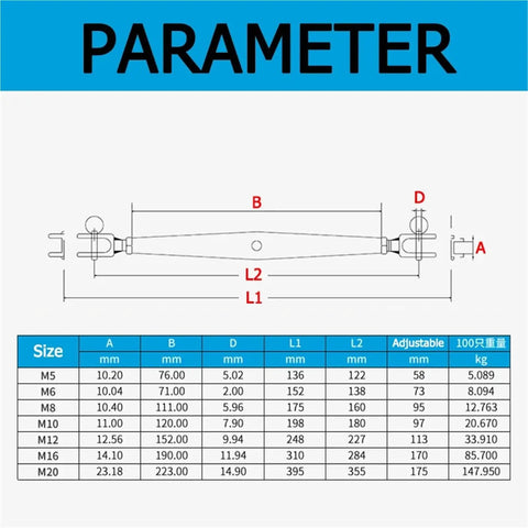 Heavy Duty M20 316 Stainless Steel Turnbuckle Cable Wire Rope Tensioner tightener size dimensions diagram with parameters
