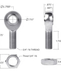Super Heavy Duty 3/4 Inch Spherical Heim Joint Assembly With Dual Rod Ends And Precision End Fittings dimensions and thread details.
