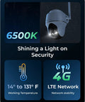 4K LTE Cellular Security Camera For Outdoor Use No WiFi Solar Powered 3G 4G Connectivity, 6500K light, temperature range, LTE
