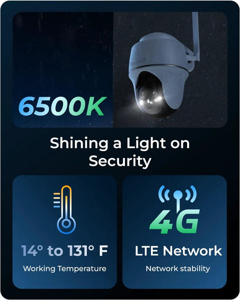 4K LTE Cellular Security Camera For Outdoor Use No WiFi Solar Powered 3G 4G Connectivity, 6500K light, temperature range, LTE