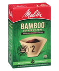 Box of Melitta Bamboo Coffee Filters 80 count, showing eco-friendly design and earth-friendly materials for cone makers.