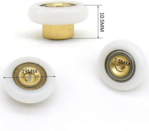 Four Pack Stainless Steel Shower Door Rollers With Screws White Finish 19mm Diameter 5mm Thick Replaces Worn Wheels In Most Shower Enclosures And Steam Cabins, showing detailed roller dimensions.