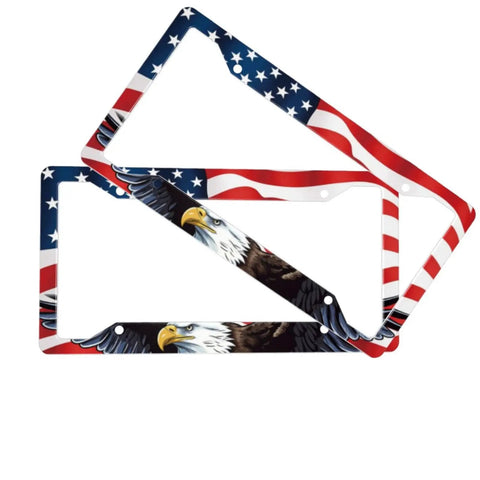 American Flag Bald Eagle License Plate Frame 2 Pack for Cars Rustproof Aluminum Plate Holder With Screw Caps Patriotic Metal Tag Frame Fits Standard 12x6 Inch US Plates